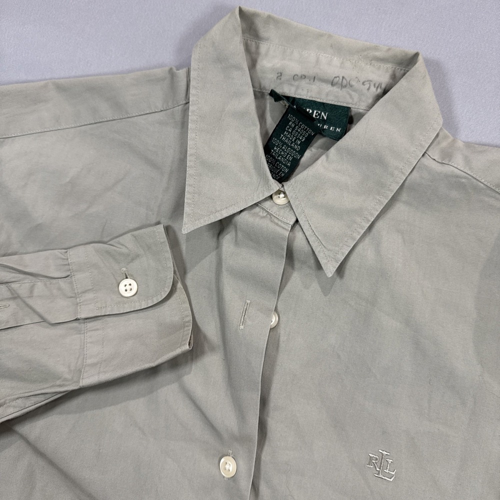 Lauren Ralph Lauren Long Sleeve Dress Shirt‎ Women's 4 100% Cotton Green/Grey